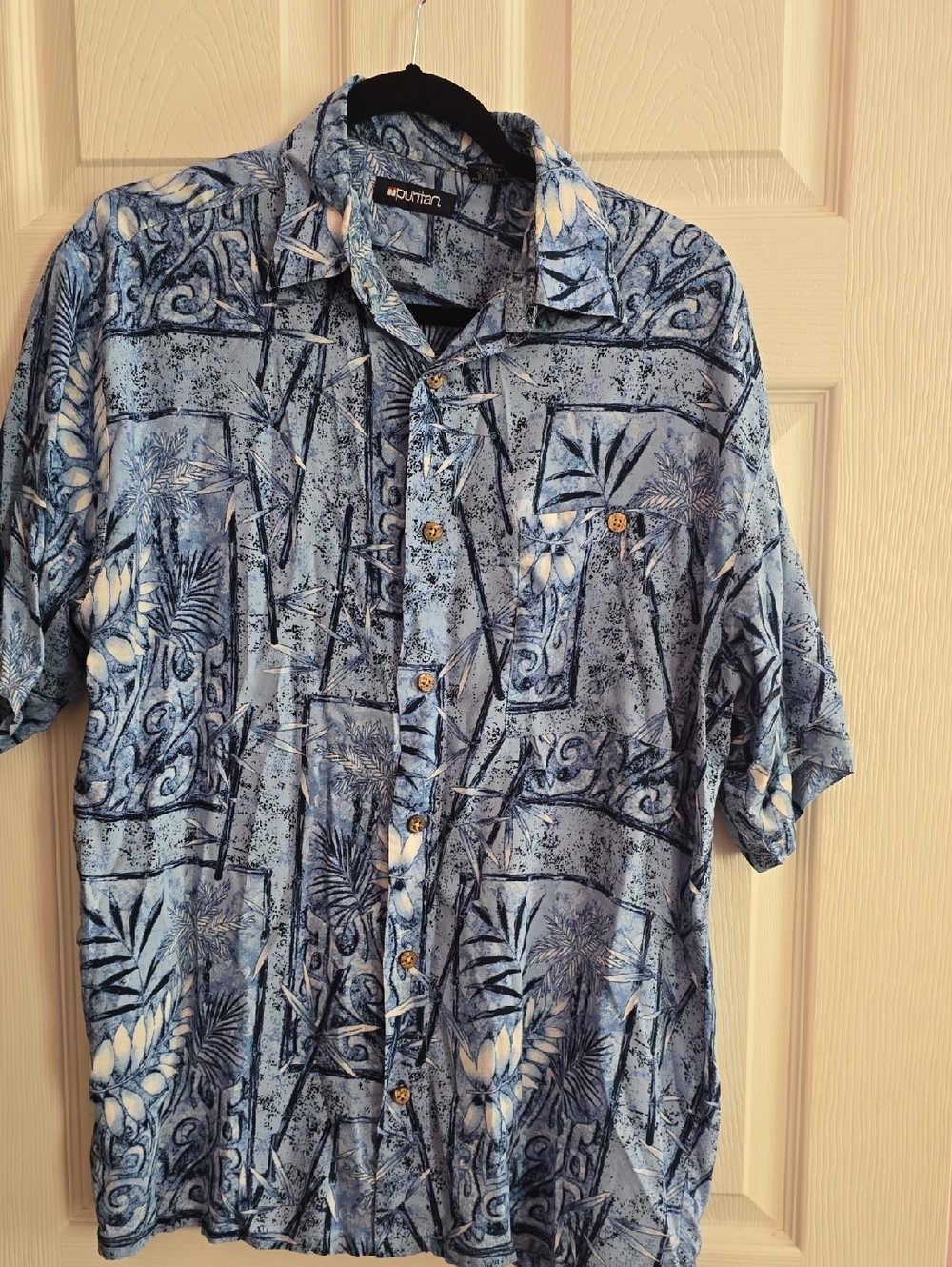 Puritan Blue and White Tropical Print‎ Short-Sleeve Button-Down Shirt
